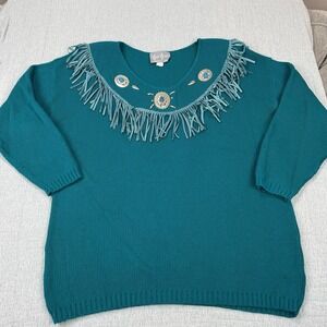 Vintage Cover Charge Turquoise Fringe Sweater Southwest Silver Accents USA Made‎